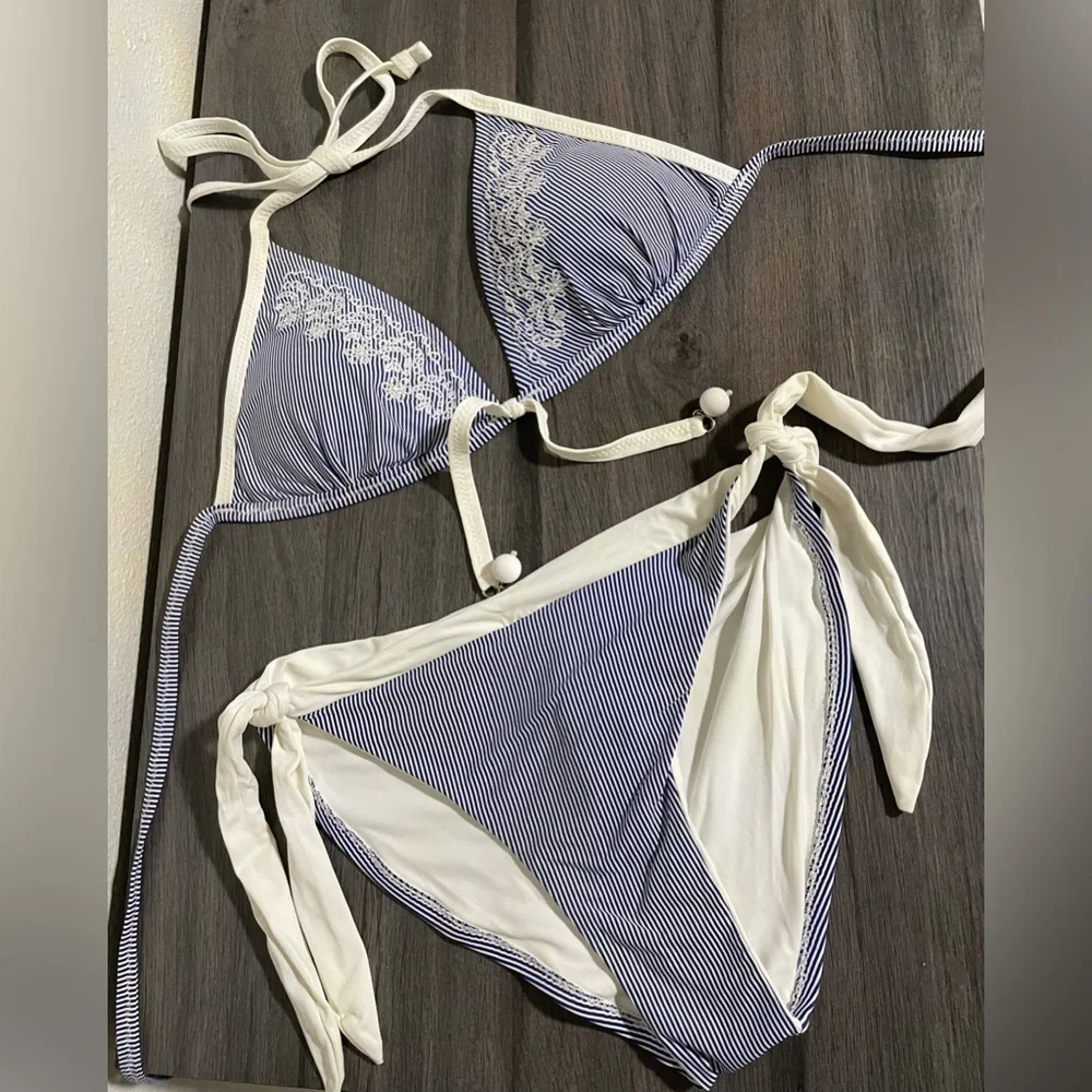 Vacanze Italiane Blue and White Embroidered Striped Halter Bikini